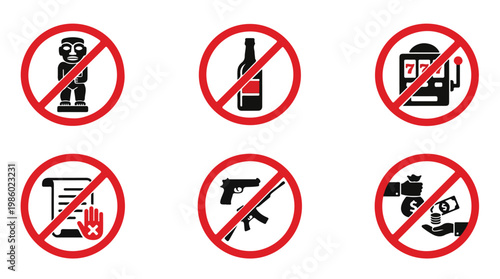 Free Download Collection of six prohibition signs depicting forbidden activities like gambling, alcohol, weapons, and violence - GFXLoad