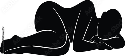 Black silhouette of a reclining woman, profile view, minimalist vector illustration