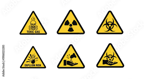 Collection of six yellow warning hazard symbols for toxic gas, radiation, biohazard, explosion, and chemical risks