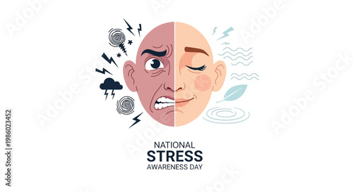 Stylized vector illustration marking National Stress Awareness Day, showing a half-stressed, half-relaxed face with accompanying symbols of anxiety and calm against a bright white