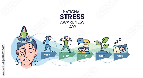 Linear vector illustration depicting National Stress Awareness Day with sequential steps for stress management, starting with a stressed individual and progressing through meditation