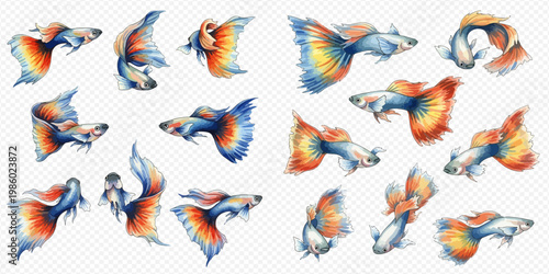 Set of colorful guppy fish with flowing tails in various swimming poses, watercolor illustration.