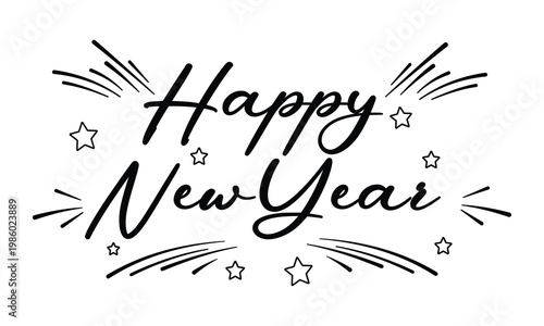 Happy new year casual brush lettering design with playful stars and line bursts for modern holiday apparel greeting cards social media posts seasonal marketing materials and fun family party favors.