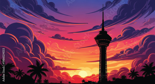 Stunning Vector Illustration of Colombo Lotus Tower at Tropical Sunset, Vibrant Evening Sky with Dramatic Clouds and Palm Tree Silhouettes, Sri Lanka Landmark Cityscape Skyline Design.