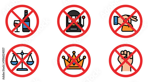 Collection of six prohibition signs indicating no alcohol, gambling, violence, injustice, royalty, and fighting