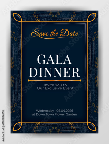 Green and gold gala dinner invitation with chinese floral royal background elegant luxury design for formal banquet celebration and premium evening event