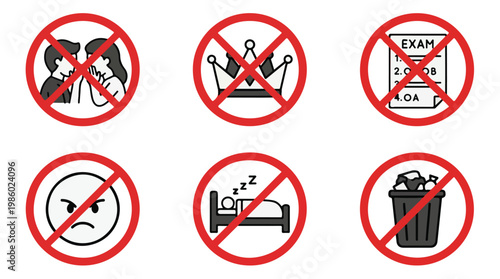 Collection of six prohibition signs indicating forbidden actions like kissing, royalty, exams, anger, sleeping