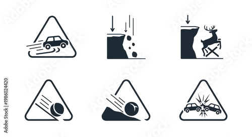 Set of six warning signs illustrating various road hazards and dangers including falling rocks, wildlife, and vehicle