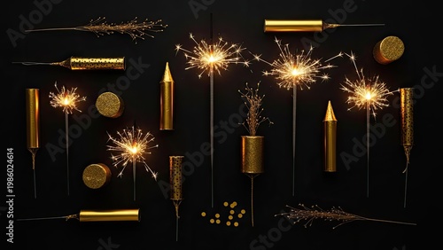 Golden sparklers and fireworks display on black background festive celebration
