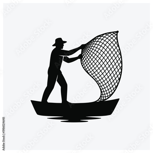 Silhouette of a fisherman casting a large fishing net from a boat.