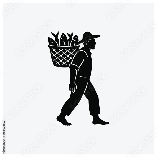 Minimal silhouette of a fisherman carrying a basket full of freshly caught fish.