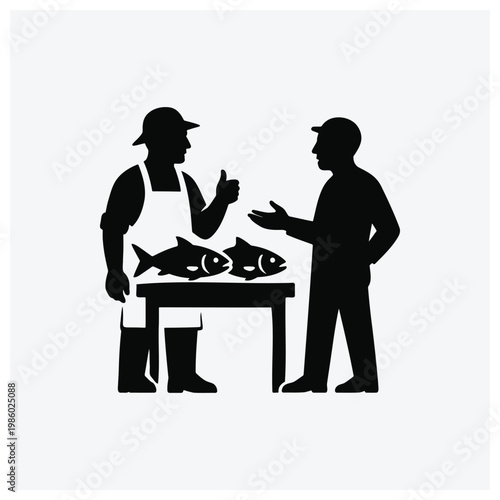Silhouette illustration of a fisherman selling fish to a customer at a stand.