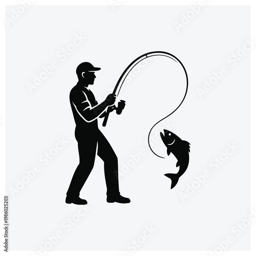 Silhouette of a man fishing with a rod and catching a fish