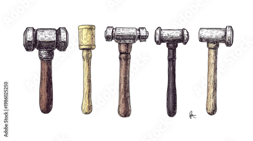 Hand-drawn illustration of five different hammers with varied head and handle designs, each on a white background