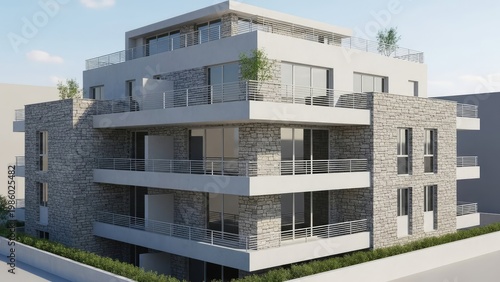Modern architectural rendering of a multi story residential building with balconies