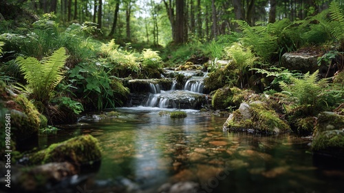 Peaceful forest stream with small waterfall and lush green ferns natural landscape serene nature scene