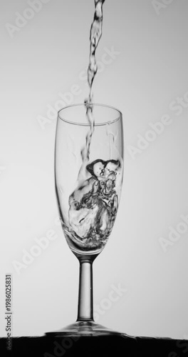 Slow-motion capture of clear water pouring into a tall champagne glass, forming bubbles and fluid splashes against a minimal light background with copy space