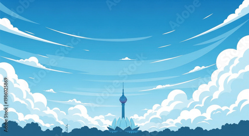 Modern Vector Illustration of Colombo Lotus Tower Landmark in Sri Lanka with Blue Sky and Stylized Clouds, South Asia Cityscape Travel Poster Design for Tourism and Architectural Concept.