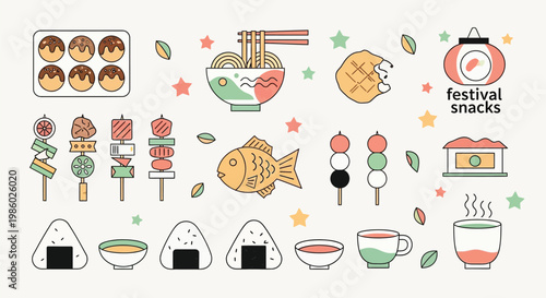 A vibrant collection of Japanese festival snacks and food items, including takoyaki, ramen, dango, and onigiri, presented in a charming flat illustration style.