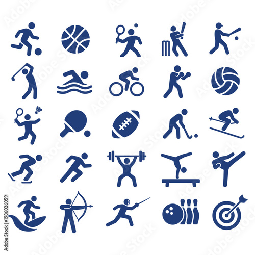 Collection of blue sports icons on icon set