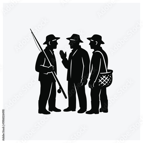 Three men silhouette illustration: two men standing with a fishing pole and talking, and a third man with a fishing basket.