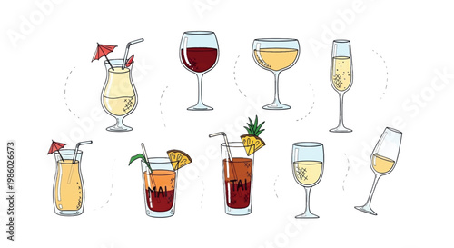 Cocktail, drink, and wine glass icons, vector illustrations, 9 elements