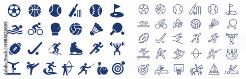 Collection of various sports icons and symbols in blue and black icon set