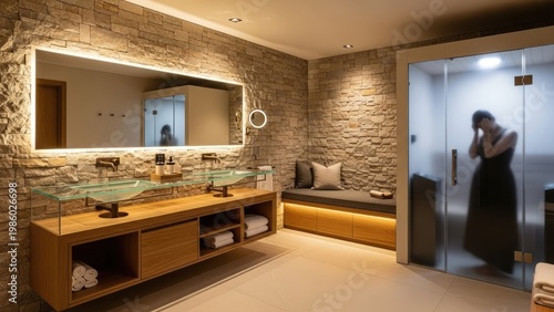 Modern bathroom interior with mirror sink and sauna in a spa