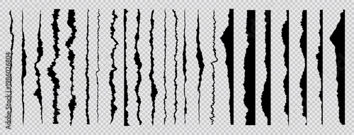 Jagged torn paper rip edge effect of black recycled sheet. Vector collection of page piece blank card tag label banner divider claw cut line. Cardboard tear edge clipart kit bundle on like png bg.