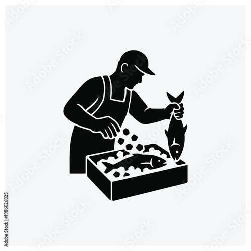 Illustration of a fisherman or vendor placing fish and feed into a container.