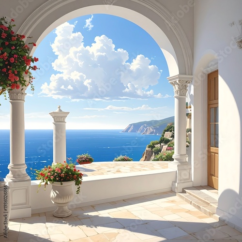 A serene Mediterranean seascape viewed through an arched white porch