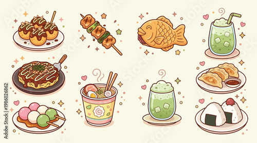A delightful collection of cute cartoon Japanese street food and traditional snacks, including takoyaki, taiyaki, ramen, gyoza, dango, and matcha drinks.