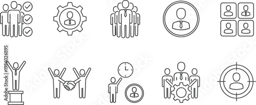 Human resources and team management line icons set including recruitment, leadership, teamwork, collaboration, employee selection, success, and target audience symbols