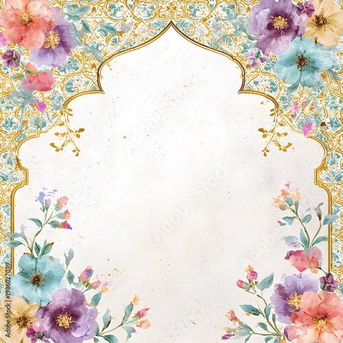 Delicate floral arabesque border with pastel watercolor textures, elegant Islamic invitation background.