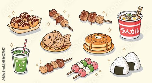 A delightful collection of popular Japanese street food and snacks, including takoyaki, dango, taiyaki, ramen, onigiri, and a refreshing green drink.