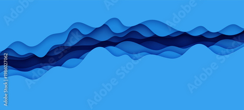 Abstract blue background in paper cut style. 3d layout wallpaper cut out from cardboard. Modern template with top view curve shapes. Vector environmental card with papercut waves for business poster