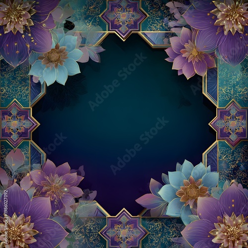 Lotus and geometric Islamic frame fusion with soft gradients, luxury aesthetic, seamless edges.