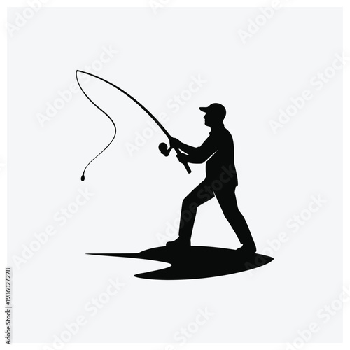 Minimal silhouette of a person fishing with a rod, ideal for outdoor or fishing themed designs.