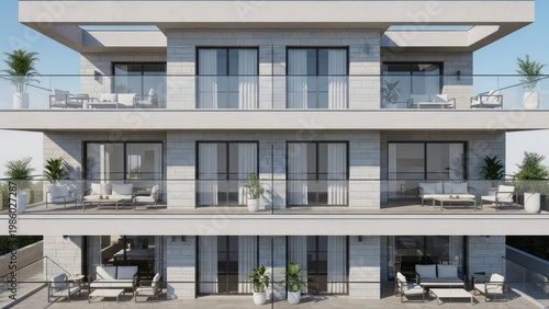 Modern multi story residential building with balconies and minimalist design