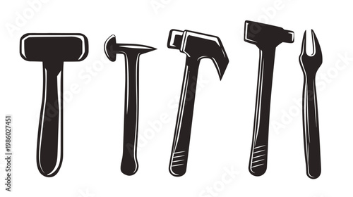 A stylized illustration of various hand tools, including hammers and a specialized tool