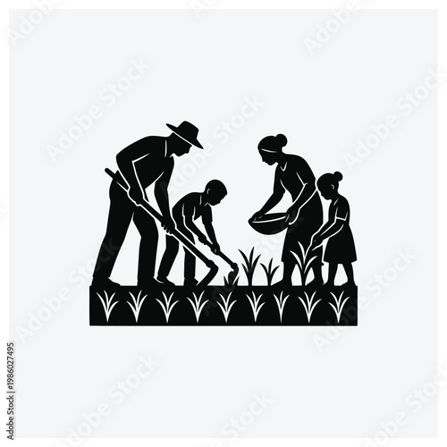 Group of family members working in a garden or farm setting silhouette.
