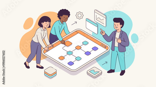 Team members collaborating on a digital project management and workflow