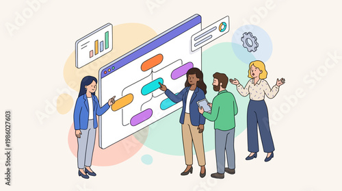 Team members collaborating on a project with flowcharts and digital interface