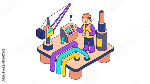 Isometric illustration of an oil rig operator at work with detailed equipment