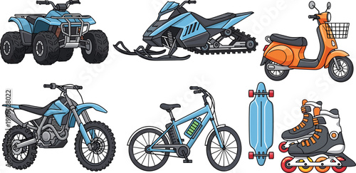 Sport and Adventure Vehicle Icon Set with ATV, Snowmobile, Scooter, Dirt Bike, Electric Bicycle, Skateboard, and Roller Skate Elements for Recreation and Extreme Sport Designs