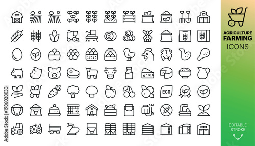 Farming and Agriculture line icons set. Set of poultry farm, pig farming, organic products, combine harvester, tractor, silo storage, grain elevator bin, barn, plowed field, plantation vector symbols