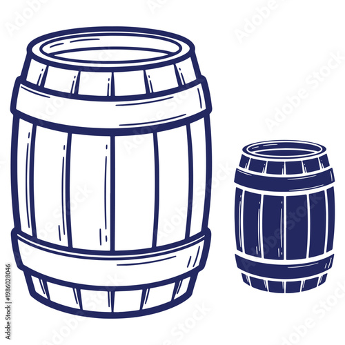 Two Barrels Illustration in Blue and White Wood Container Design for Beverages or Storage Vessels with Hand Drawn Style
