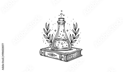 Alchemy flask on old book – mystical occult vector line illustration