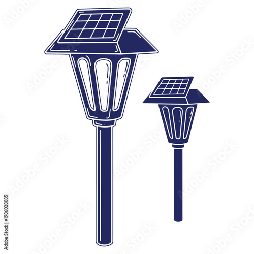 Two solar powered garden lights illustration outdoor lighting renewable energy sustainability simple design vector drawing on white background