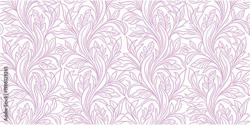 Elegant purple floral damask pattern background. Ornate vintage leaves and botanical curves create seamless decorative texture. Classic luxury design for wallpaper, textile, and digital prints. 
